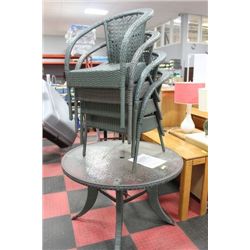 RATTAN STYLE PATIO TABLE AND 4 CHAIRS