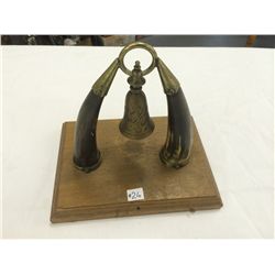 Genuine Horns Mounted With Brass Bell on Wood Base