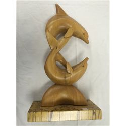 Hand Carved Solid Wood Dolphins Sculpture (17.5" high)