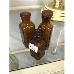 3 Antique Amber Glass Iodine Bottles