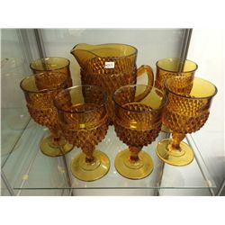 Older Orange Pressed Glass Water Pitcher and 6 Glasses