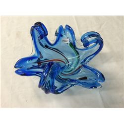 Hand Blown Blue Art Glass Bowl With Red and Green Swirls