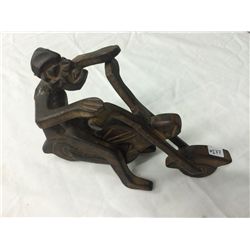 2 Hand Carved Solid Wood Man & Cycle Sculptures (10" long, 7" high)