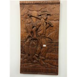 Hand Carved Solid Wood Fisherman Plaque Signed G.O.S. on back) (11.5" X 21.5")