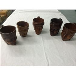 5 Hand Carved Wood Mugs