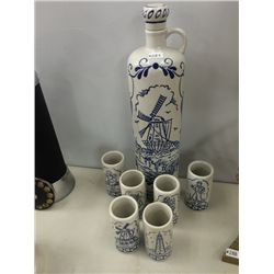 Tall Pottery Decanter With 6 Glasses
