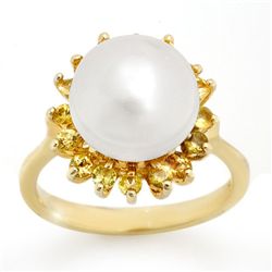 Genuine 0.75 ctw Yellow Sapphire & Pearl Ring Jewelry 10K Gold