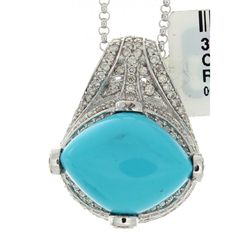 14K White Gold Jewelry 11.9ctw Turquoise & Diamond Pendant