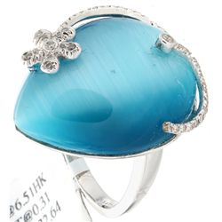 14K White Gold Jewelry 32.95ctw Blue Cat's Eye & Diamond Ring