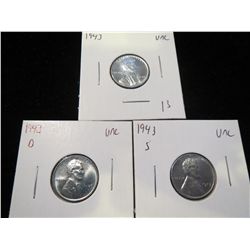 1943 P, D & S Lincoln Steel Pennies - UNC
