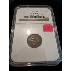 1908S Indian Head Penny - NGC VF20 Brown (BN) - semi key date