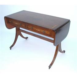 A Sheraton revival satinwood sofa table painted with pastoral scene, swags, flowers and birds fit...