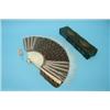Image 1 : A Chinese peacock feathered fan, with carved ivory sticks contained in Chinese export lacquer gil...
