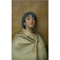 Ernesto Serra - oil on canvas, head and shoulder portrait of a girl wearing a white cloak, signed...