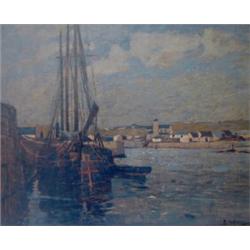 Rudolf Hellwag (1867-1942) - oil on canvas - Cornish fishing village with moored vessel in foregr...