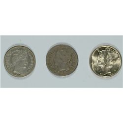 COLLECTORS LOT 1945 BU MERCURY DIME, 1910 BARBER DIME VF, 1867 3c NICKEL