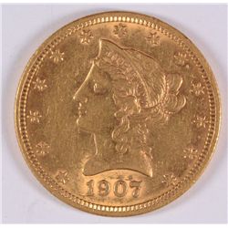 1907 $10.00 GOLD LIBERTY, AU-58