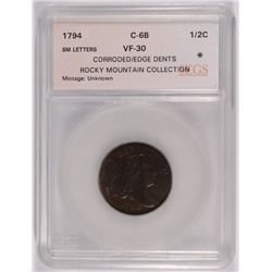 1794 HALF CENT (SMALL LETTERS) SEGS VF-30 (C-6B) ROCKY MOUNTAIN COLLECTION