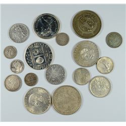 LOT OF ( 17 ) FOREIGN SILVER COINS, MANY OLDER DATES & LARGE COINS, APPROX 202g