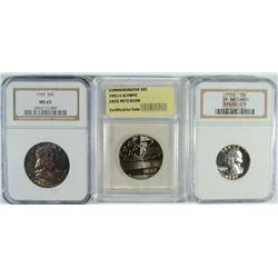 3 COINS: 1992-S OLYMPIC HALF DOLLAR PROOF, 1955 QUARTER NGC PF 66 CAMEO,