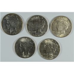LOT OF 5 PEACE DOLLARS: 1922-S AU; 1926-D AU; 1927 XF; 1934-S XF & 1934 AU.