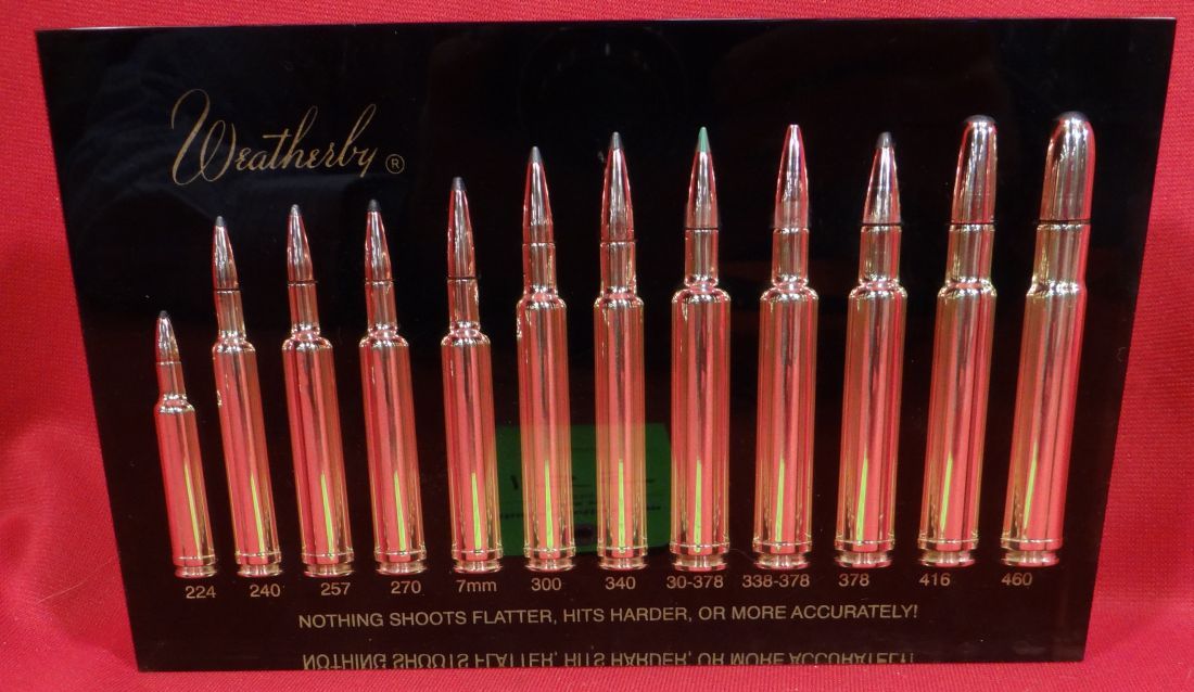 Weatherby bullet display, encased, includes 12 calibers