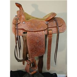 Shoup, Sonopa, CA. roper saddle, fully tooled, 16", silver conchos & "CLM" embossed in horn cap,