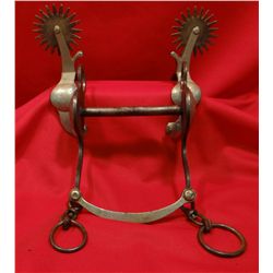 CROCKETT bit & spur set, silver mtd., marked on edge of band, 3" rowels, belonged to Julia Jackson, 