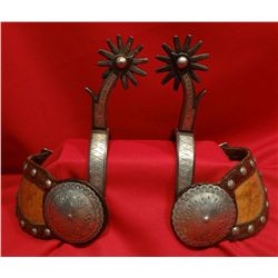 Canon City prison nickel inlaid spurs, White & Davis pattern, double mounted, large concho straps,