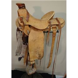 Jeff Gollghan custom saddle, slick fork, rough-out, dble rigged, 15", Grizzly Saddlery, Great Falls,