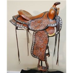 Eddie Smith saddle, Chino, CA, tooled & silver diamond conchos, 15 1/2", dble rigged, fancy