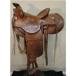 Powder River saddle, 14 1/2", dble rigged, fully tooled, great condition