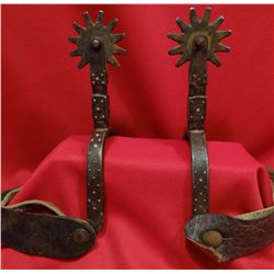 Blacksmith made iron spurs, from Brockway, MT. Marked A. B. Maves