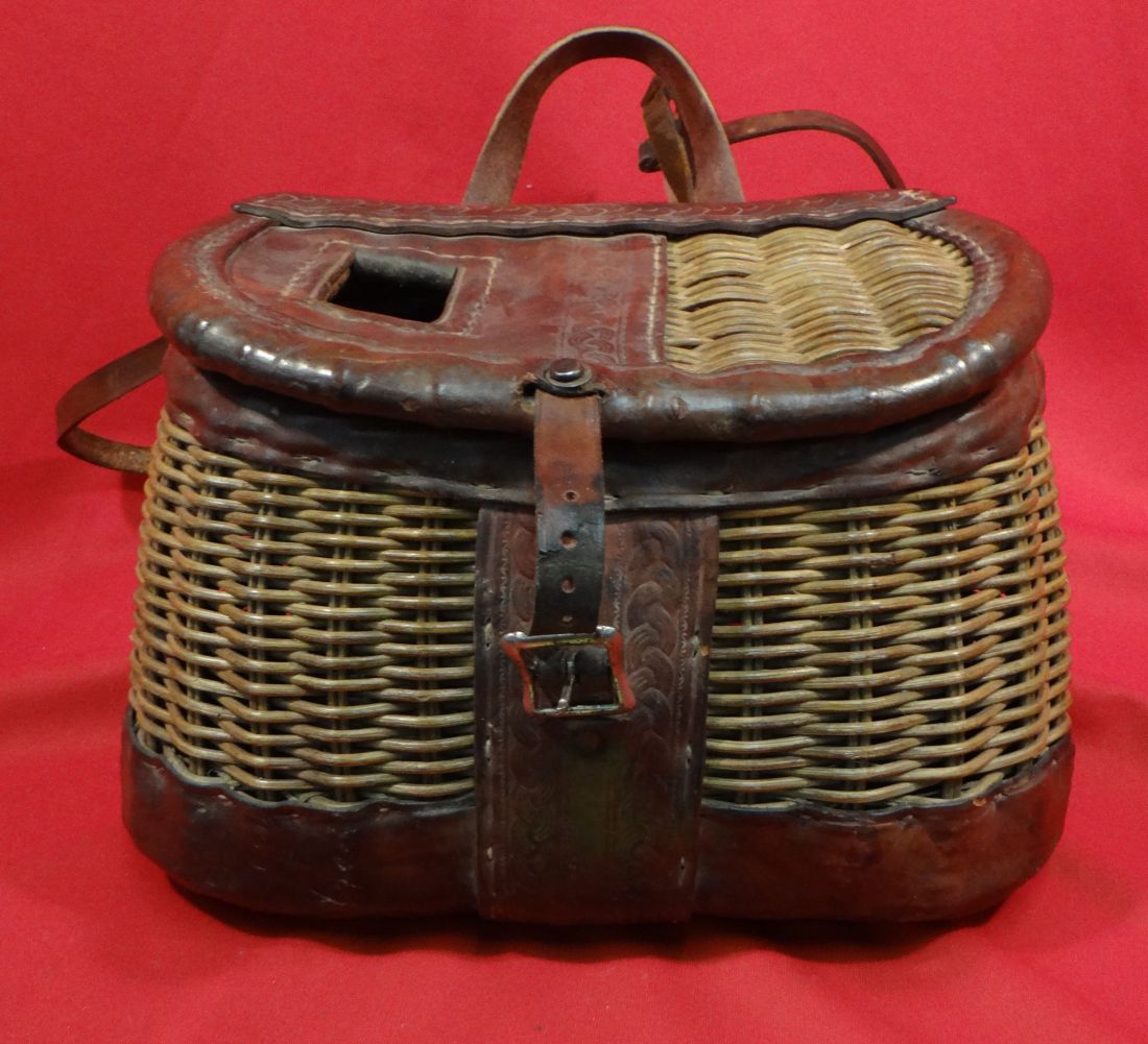 George Lawrence wicker fishing creel, rope pattern on leather