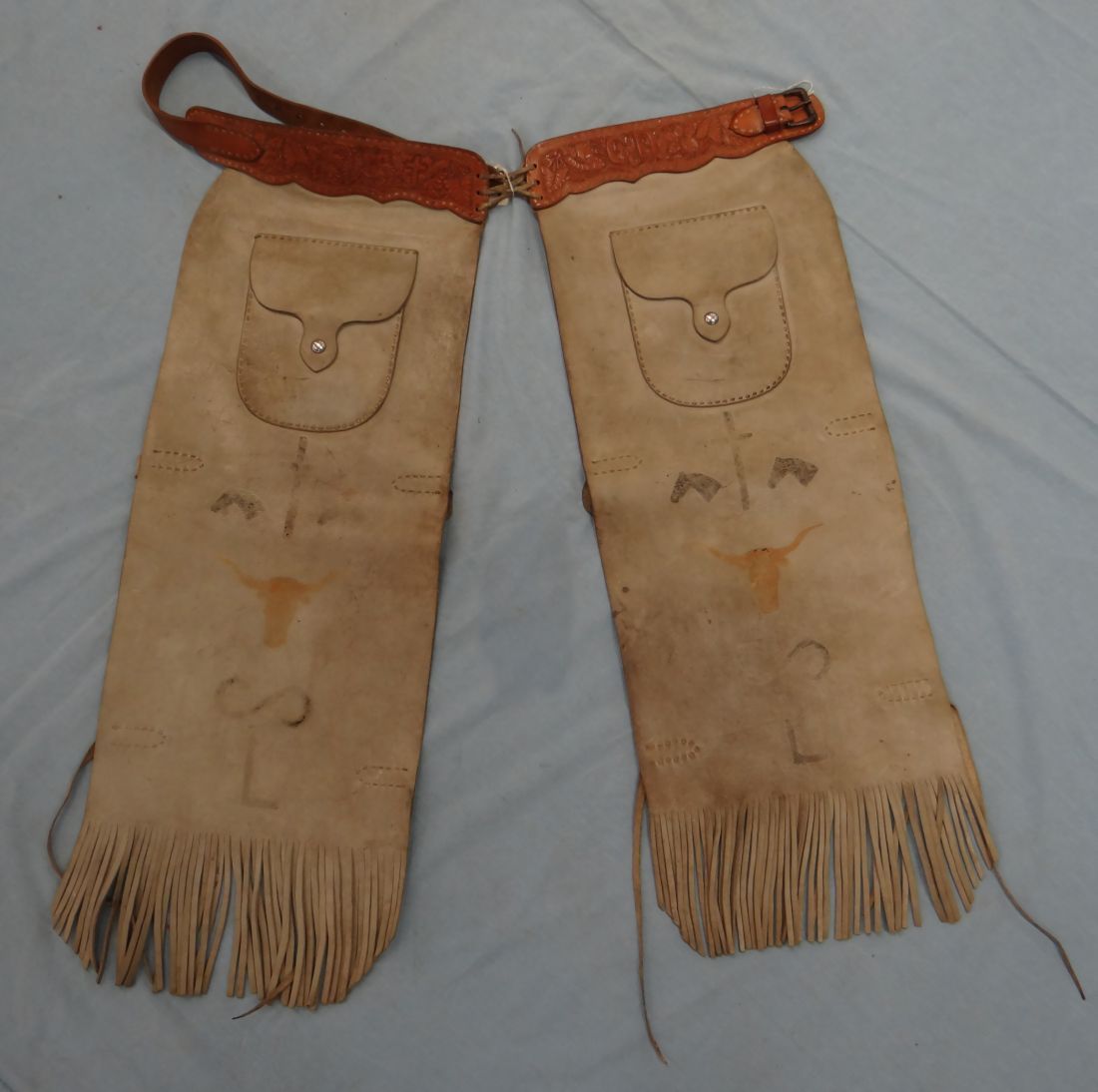 Farrier's chaps, pockets, tooled belt, CD initials