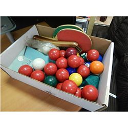 BOX OF ASSORTED POOL BALLS AND PING PONG PADDLES ETC.
