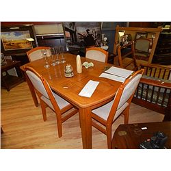 OAK DINING TABLE, LEAF AND 4 CHAIRS