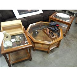 GLASS AND WOOD COFFEE TABLE SET - 3 PC TOTAL