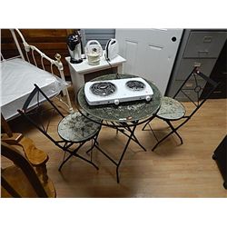 WROUGHT IRON FOLDING PATIO SET - 3 PC - (seats need tlc)