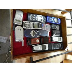 TRAY OF ASSORTED CELL PHONES - INCLUDES BOX OF CORDS, BATTERIES ETC