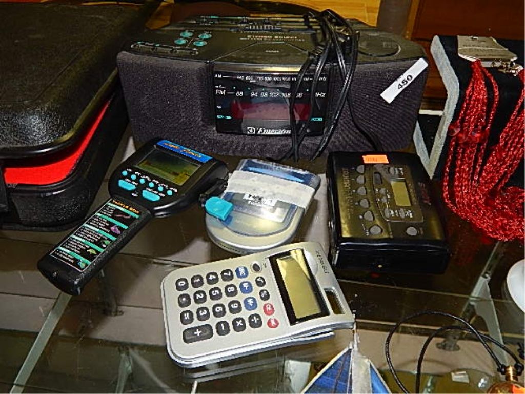 CALCULATOR CLOCK RADIO FISHING GAME AND SUDOKU CASSETTE PLAYER