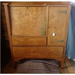 Oak drop front secretary cabinet, orig. brass décor, 47"h x 40" w x 20" d