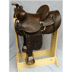 C. C. Star 15" saddle, Oakland California, engraved conchoes, horn cap & back of cantel fully tooled