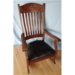 Oak rocker, slat back style, solid oak, orig. leather seat