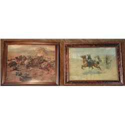 CM Russell and Chas. Schreyvogel framed prints, 16" x 20 and 14" x 20", both repairable