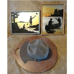Boy Scout 6 7/8" hat made by Stetson w/hat saver, and 2 Boy Scout silhouette prints