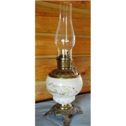 Fancy oil lamp, brass plated base, ptd. Bowl