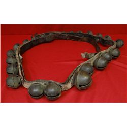 Brass sleigh bells on original leather strap, 65"
