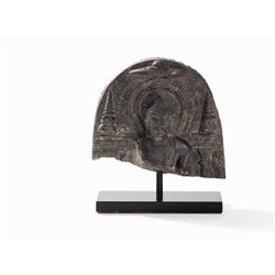 Schist Relief Fragment with Buddha Between Stupas, 9th/10th C.
