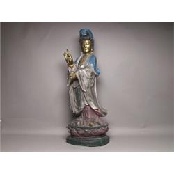 Large Polychrome Carved Wood Buddha Figure